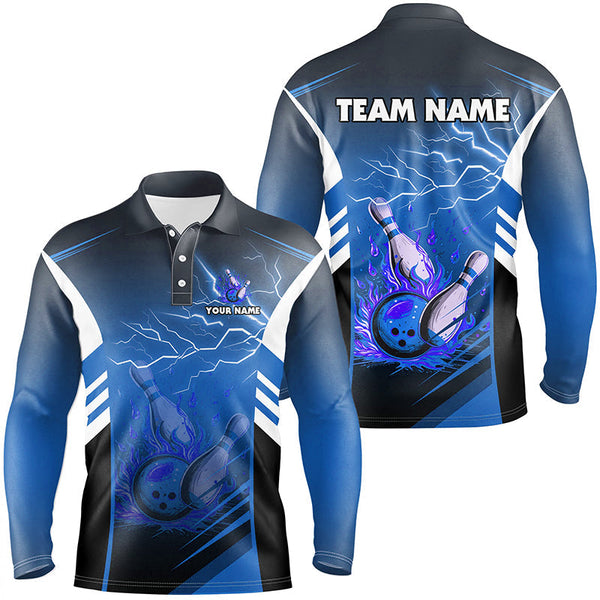 Flame bowling ball and pins lightning custom Men Bowling Polo Shirts, team bowling jerseys | Blue NQS7477