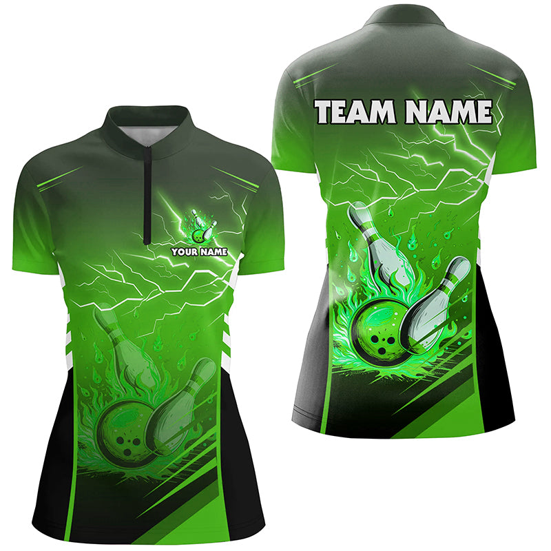 Flame bowling ball pins lightning custom Women Bowling Quarter Zip Shirt, team bowling jersey | Green NQS7478