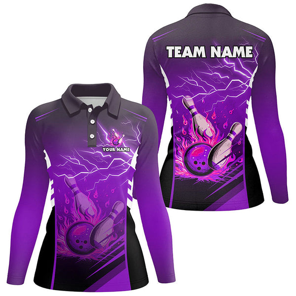 Flame bowling ball and pins lightning custom Women Bowling Polo Shirts, team bowling jerseys | Purple NQS7479