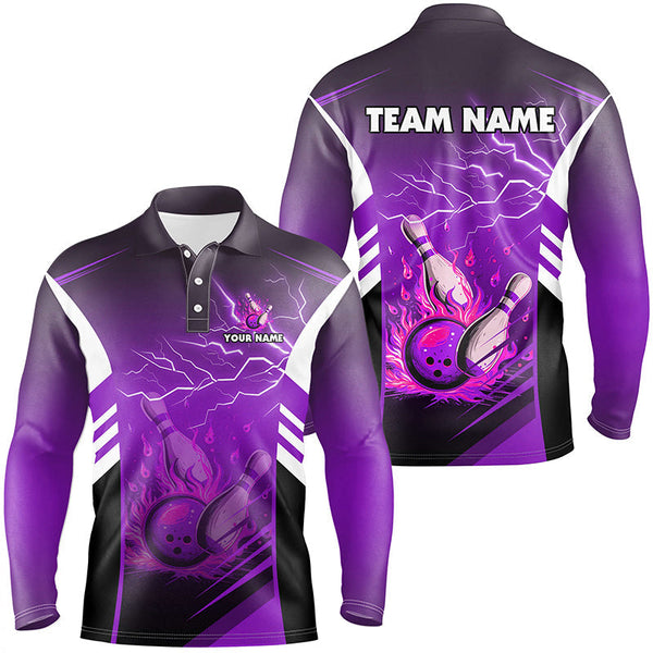 Flame bowling ball and pins lightning custom Men Bowling Polo Shirts, team bowling jerseys | Purple NQS7479