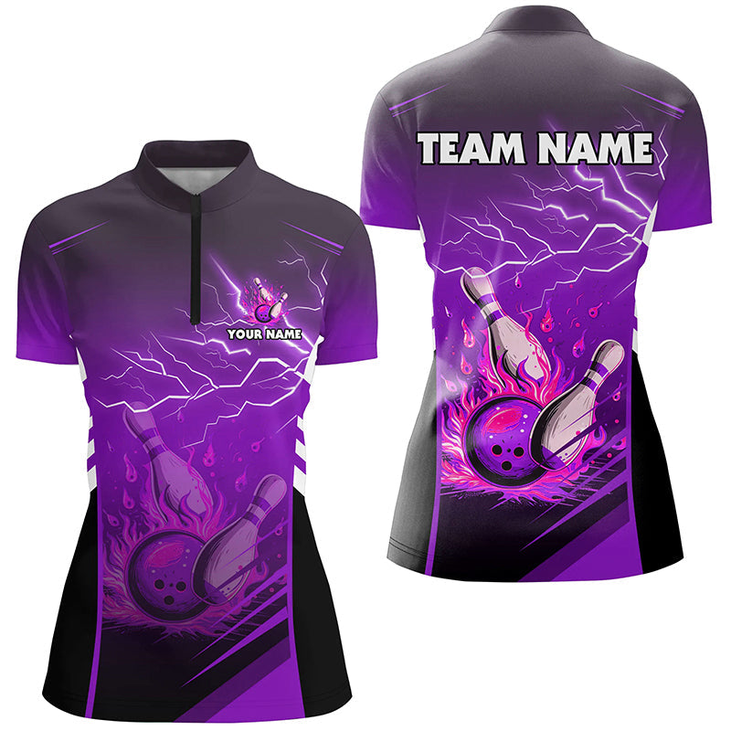 Flame bowling ball pins lightning custom Women Bowling Quarter Zip Shirt, team bowling jersey | Purple NQS7479