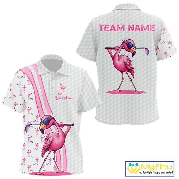 Funny Kid golf polo shirts custom pink and white flamingo pattern white golf shirts NQS8610