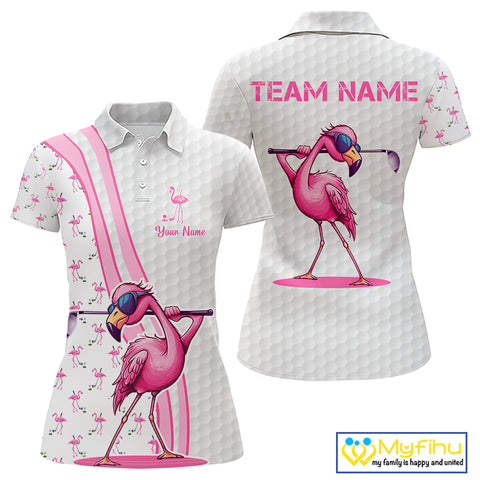 Funny Womens golf polo shirt custom pink and white flamingo pattern white golf shirts NQS8610