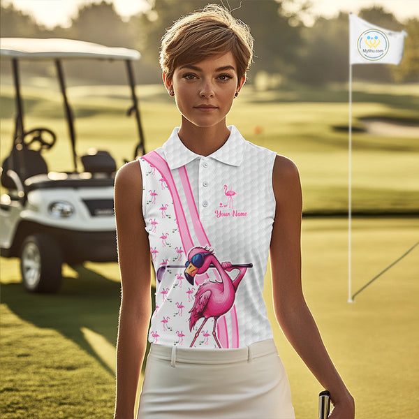 Funny Women sleeveless polo shirts custom pink and white flamingo pattern white golf shirts NQS8610