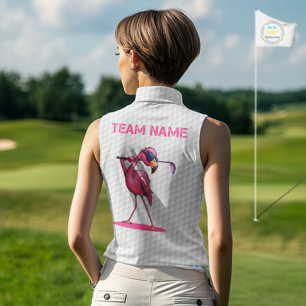 Funny Women sleeveless polo shirts custom pink and white flamingo pattern white golf shirts NQS8610