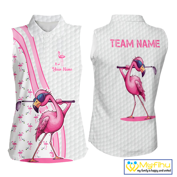 Funny Women sleeveless polo shirts custom pink and white flamingo pattern white golf shirts NQS8610