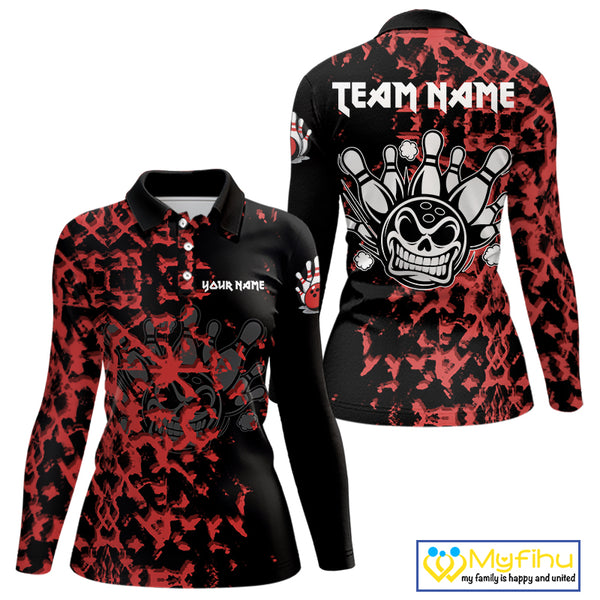 Black and Red Camo Funny Skull Bowling Polo, Quarter Zip Shirt for Women Custom Bowling Team Jersey NQS9969