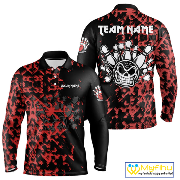 Black and Red Camo Funny Skull Bowling Polo, Quarter Zip Shirt for Men Custom Bowling Team Jersey NQS9969