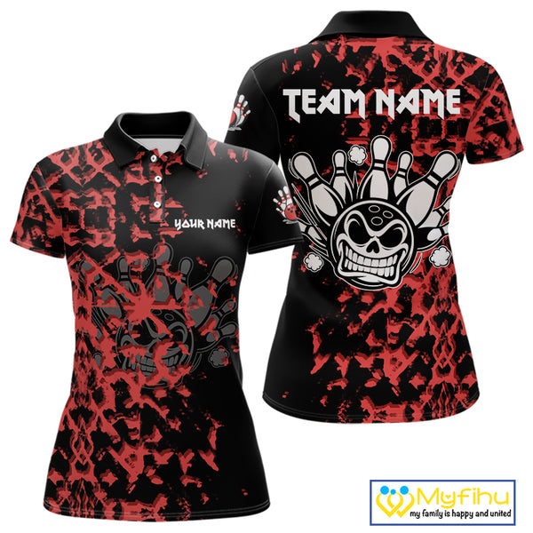 Black and Red Camo Funny Skull Bowling Polo, Quarter Zip Shirt for Women Custom Bowling Team Jersey NQS9969