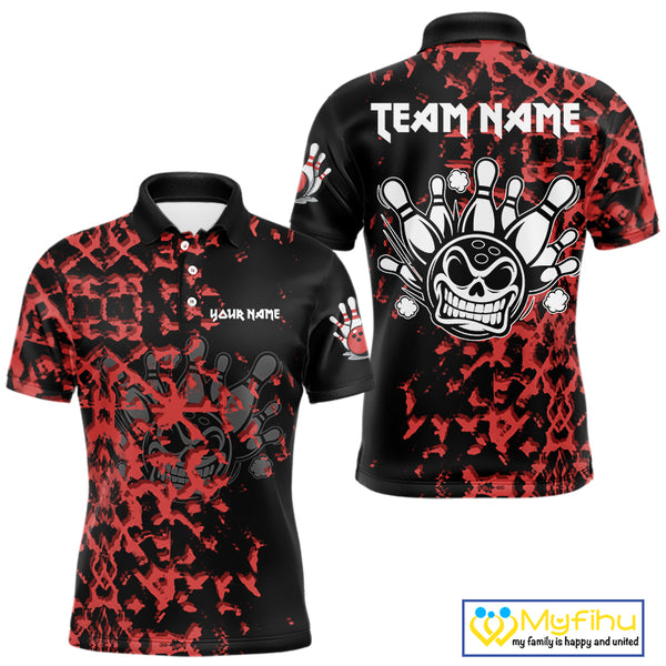 Black and Red Camo Funny Skull Bowling Polo, Quarter Zip Shirt for Men Custom Bowling Team Jersey NQS9969