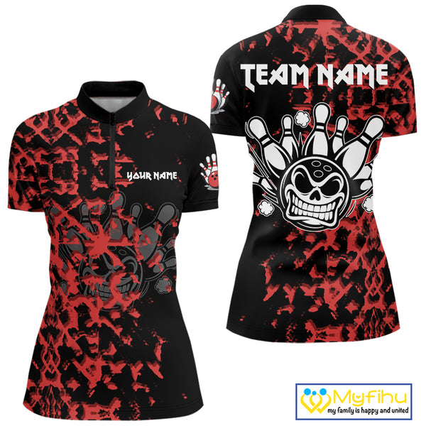 Black and Red Camo Funny Skull Bowling Polo, Quarter Zip Shirt for Women Custom Bowling Team Jersey NQS9969