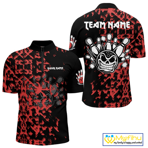 Black and Red Camo Funny Skull Bowling Polo, Quarter Zip Shirt for Men Custom Bowling Team Jersey NQS9969