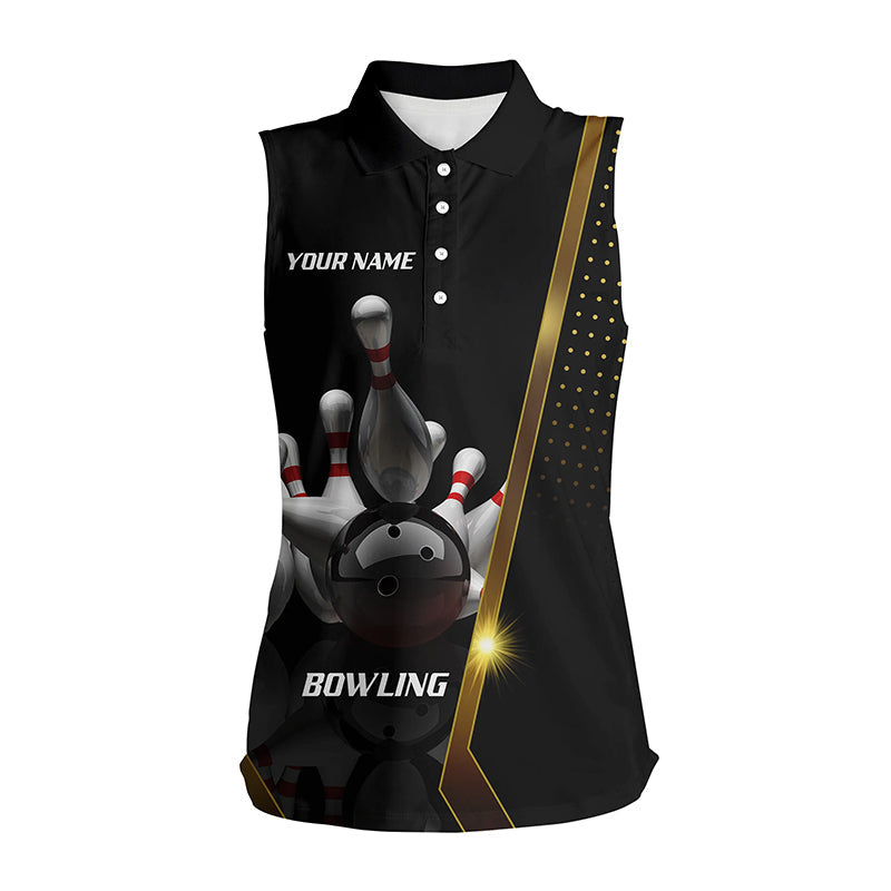 Personalized women Bowling sleeveless polo Shirt Black Gold ladies Bowlers Custom Team bowling Jersey NQS5947
