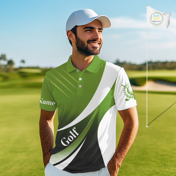 Mens golf polo shirts custom name green and white golf shirt, tournament golf tops for mens NQS10258