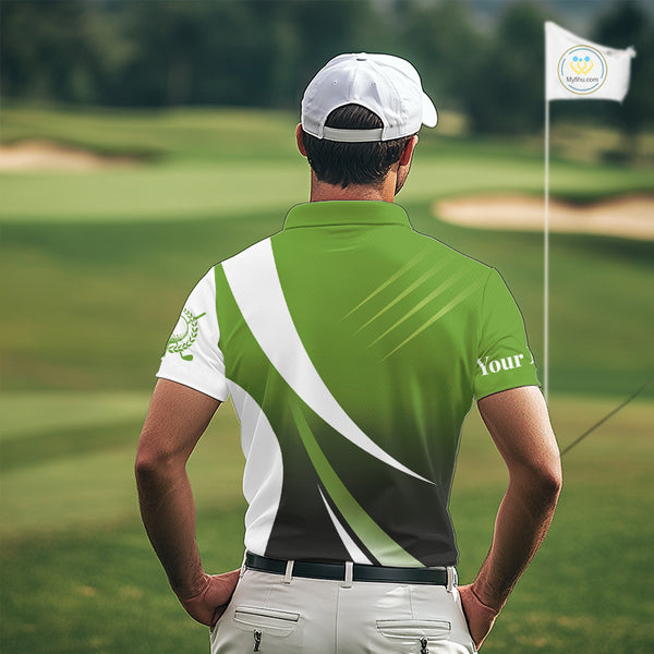 Mens golf polo shirts custom name green and white golf shirt, tournament golf tops for mens NQS10258