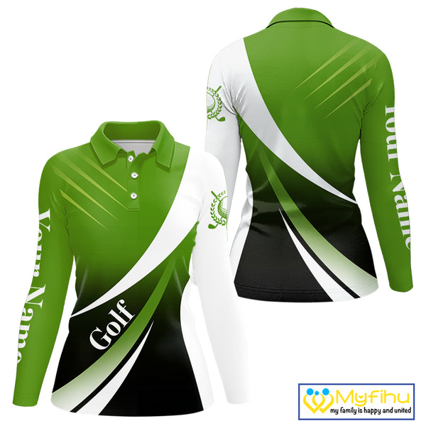 Women golf polo shirts custom name green and white golf shirt, tournament golf tops for ladies NQS10258