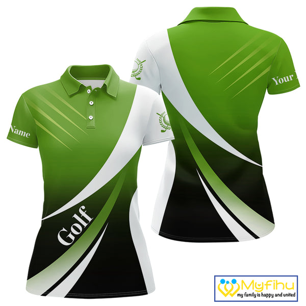Women golf polo shirts custom name green and white golf shirt, tournament golf tops for ladies NQS10258