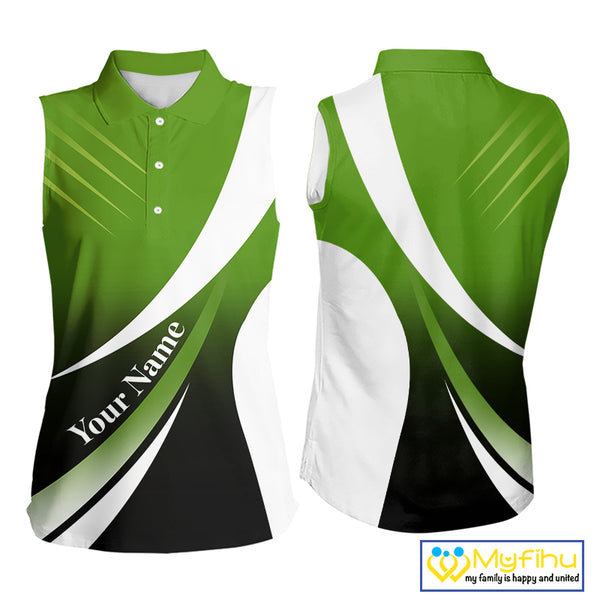 Women Sleeveless Polo Shirt custom name green and white golf shirt, tournament golf tops for ladies NQS10258