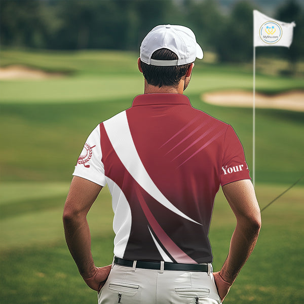 Mens golf polo shirts custom name red and white golf shirt, tournament golf tops for mens NQS10259