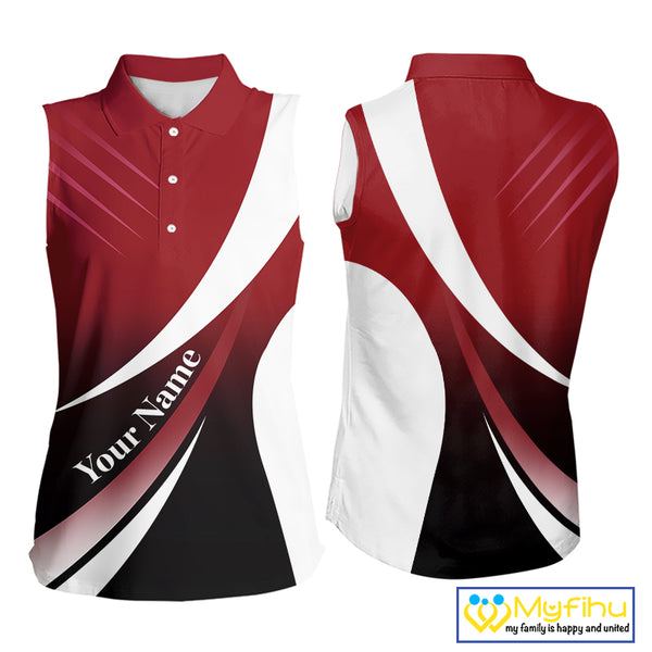 Women Sleeveless Polo Shirt custom name red and white golf shirt, tournament golf tops for ladies NQS10259