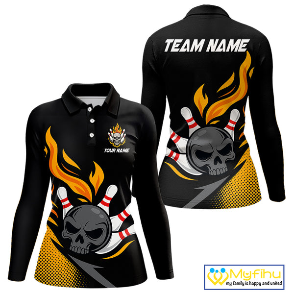 Custom Black and Yellow Flame Skull Bowling shirts for Women, bowling team league jerseys with Name NQS10263