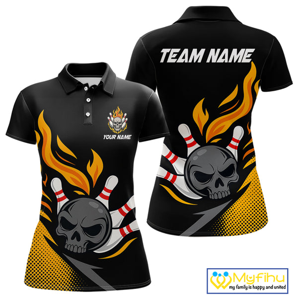 Custom Black and Yellow Flame Skull Bowling shirts for Women, bowling team league jerseys with Name NQS10263