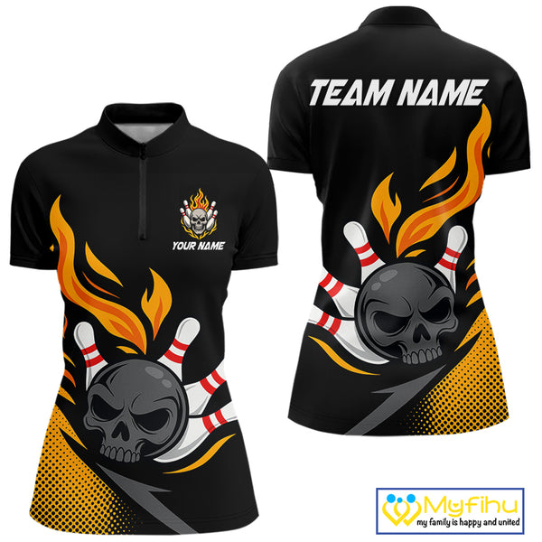 Custom Black and Yellow Flame Skull Bowling shirts for Women, bowling team league jerseys with Name NQS10263