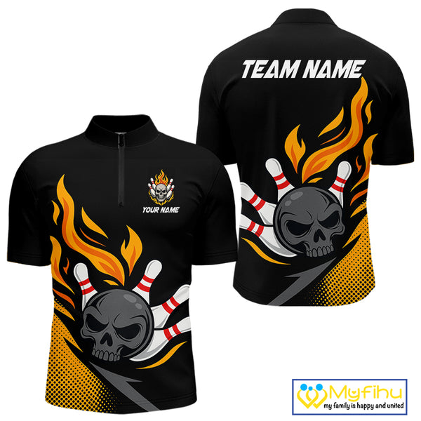 Custom Black and Yellow Flame Skull Bowling shirts for Men, bowling team league jerseys with Name NQS10263