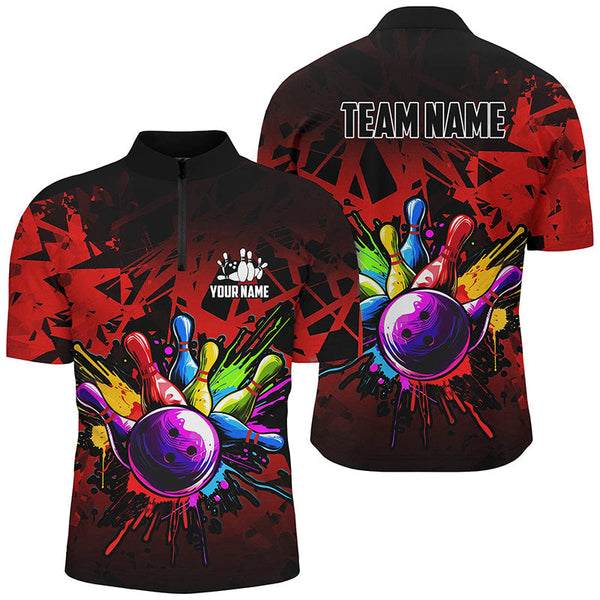 Colorful bowling jerseys Polo, 1/4 Zip Shirt for Men Custom Bowling Team shirts for bowler | Red NQS8257