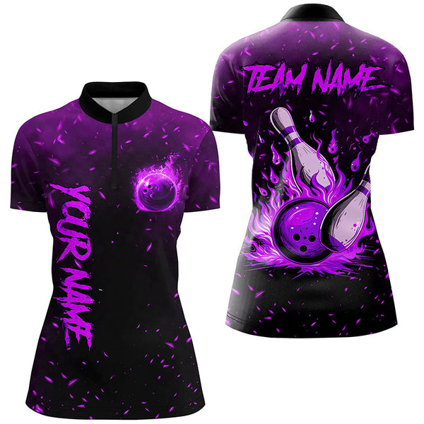 Purple Flame Bowling Jersey For Women Custom Bowling Polo, Quarter-Zip Shirt for Team, Gift for Bowler NQS8466