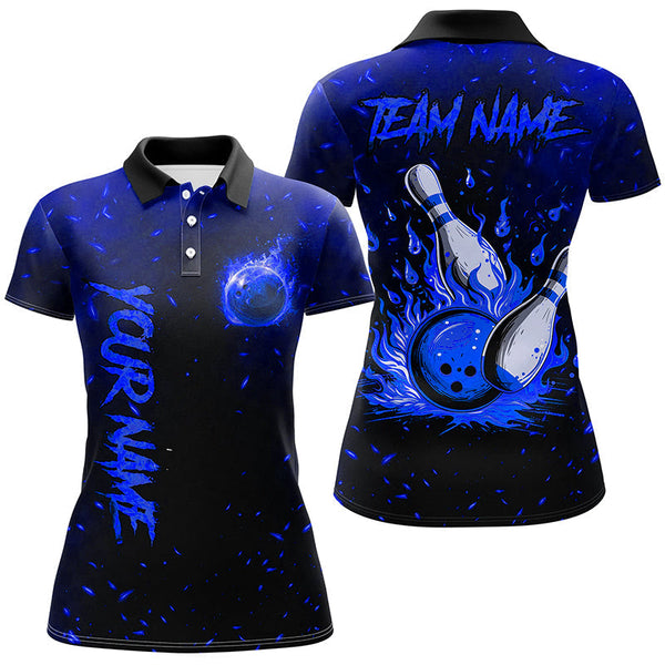 Blue Flame Bowling Jerseys For Women Custom Bowling Polo, Quarter-Zip Shirt for Team, Gift for Bowlers NQS8467
