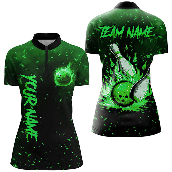Green Flame Bowling Jersey For Women Custom Bowling Polo, Quarter-Zip Shirt for Team, Gift for Bowlers NQS8468