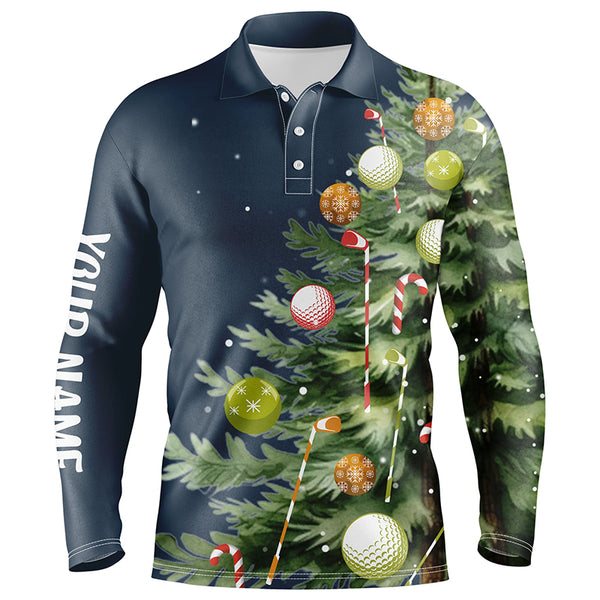 White Mens golf polo shirts custom blue Christmas tree shirt for mens, Christmas golf gifts NQS6601