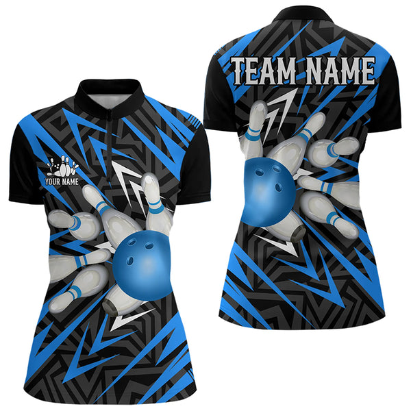 Black and Blue Camo Bowling Polo, Quarter Zip Shirt for Women Custom Team bowling jersey Bowler Outfit NQS9177