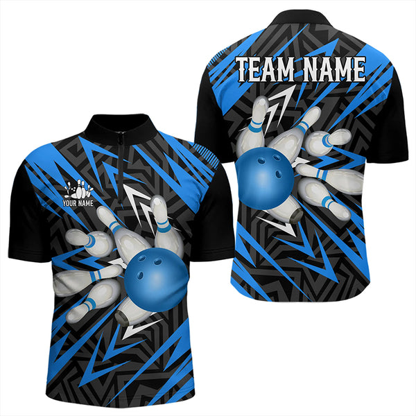 Black and Blue Camo Bowling Polo, Quarter Zip Shirt for Men Custom Team bowling jerseys Bowler Outfit NQS9177