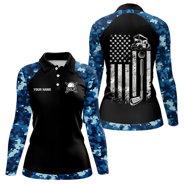 Black and Blue Camo American Flag Womens Golf Polo Shirts custom patriotic golf tops for women NQS9180