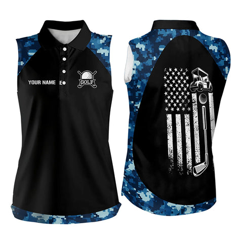 Black and Blue Camo American Flag Womens Sleeveless Polo Shirts custom patriotic golf tops for women NQS9180