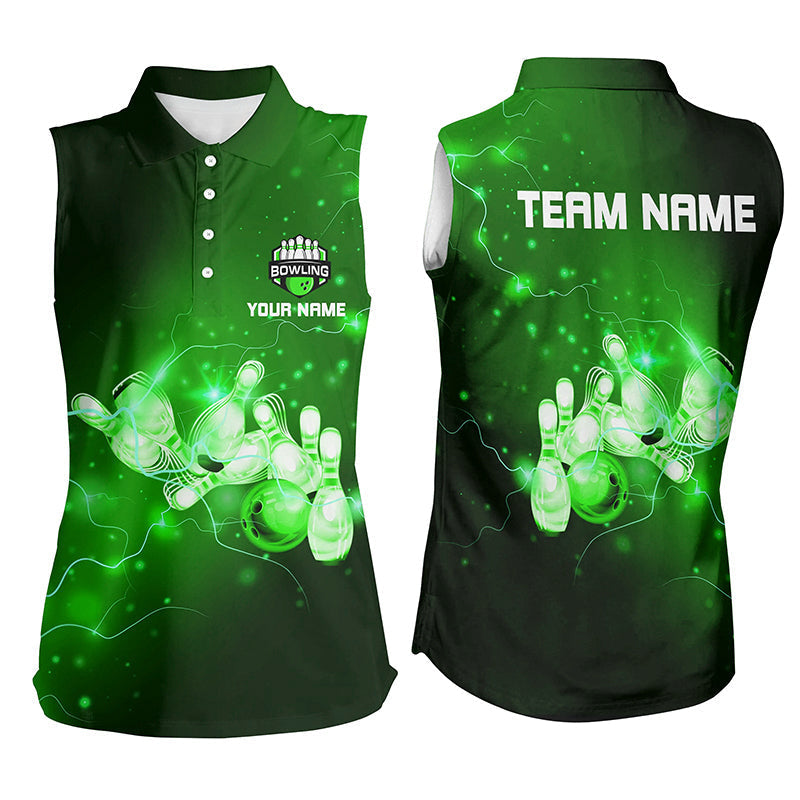 Womens Bowling sleeveless Polo Shirts Custom Green flashes of lightning thunder team Ladies Jerseys NQS7046