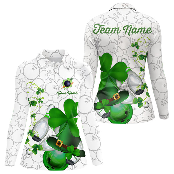 Green shamrock Women bowling polo, quarter zip shirts Custom St Patrick Day team league bowling jersey NQS9532