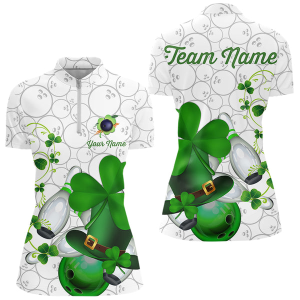 Green shamrock Women bowling polo, quarter zip shirts Custom St Patrick Day team league bowling jersey NQS9532