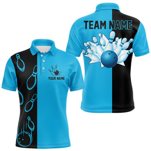 Cyan Blue and Black retro vintage Bowling polo, quarter zip shirts
