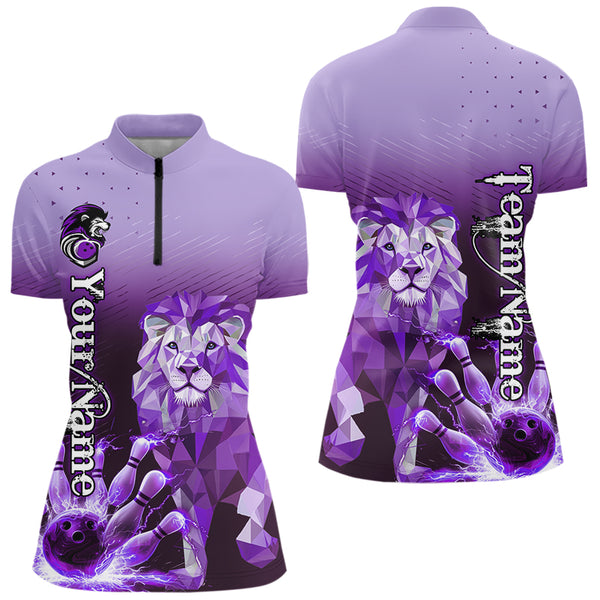 Purple Lightning Lion Bowling Polo, Quarter Zip Shirts for Women Custom Lion Bowling Team jerseys NQS9693