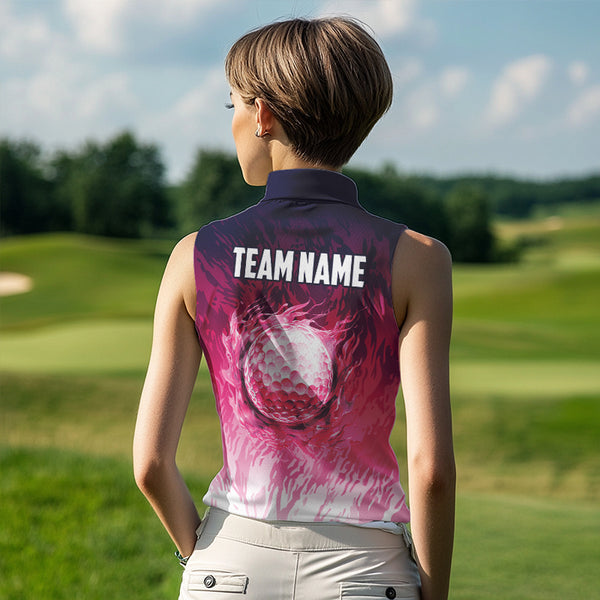 Funny Flamingo pink camo flame golf ball Women Golf  Sleeveless Polo Shirt Custom Ladies Golf tops NQS9697