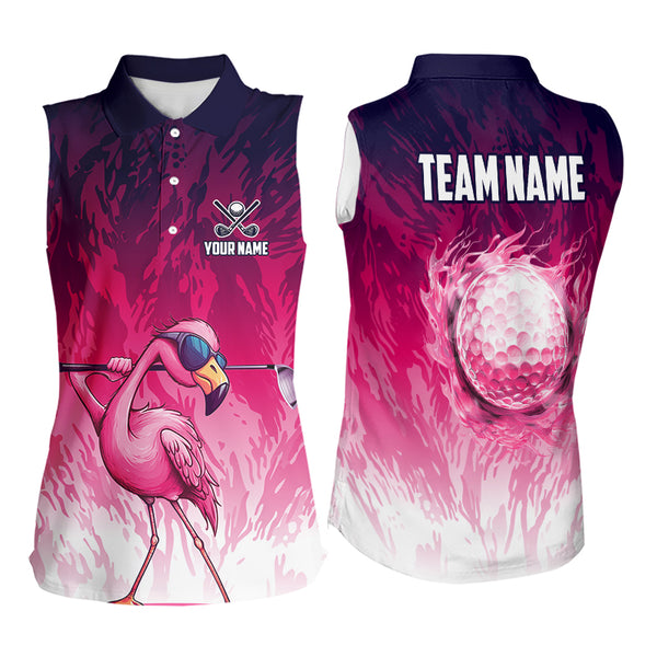 Funny Flamingo pink camo flame golf ball Women Golf  Sleeveless Polo Shirt Custom Ladies Golf tops NQS9697