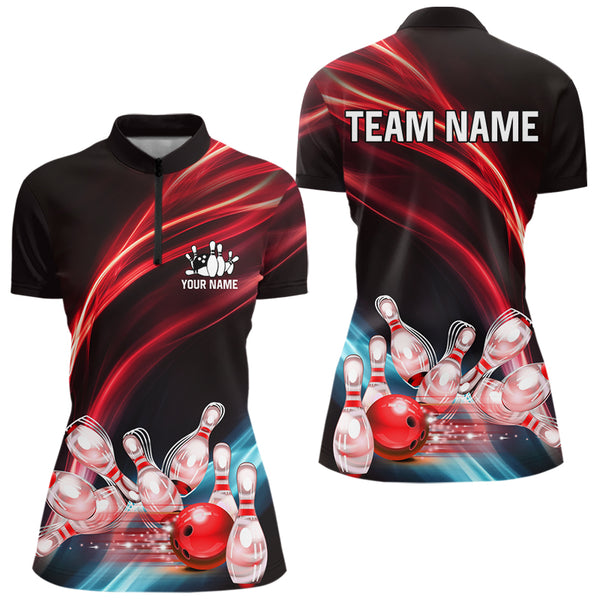 Custom Black and Red Women bowling Polo, Quarter Zip Shirts, team bowling outfits for women NQS9701
