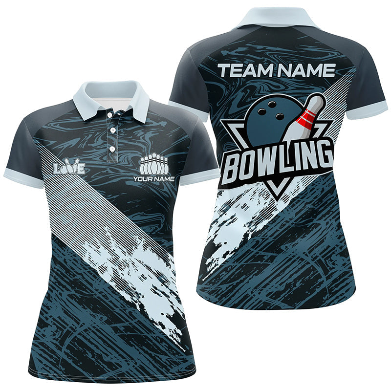 Blue camo bowling ball and pins custom Womens Bowling Polo Shirts, gift for team bowlers NQS7481