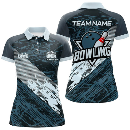 Blue camo bowling ball and pins custom Womens Bowling Polo Shirts, gift for team bowlers NQS7481