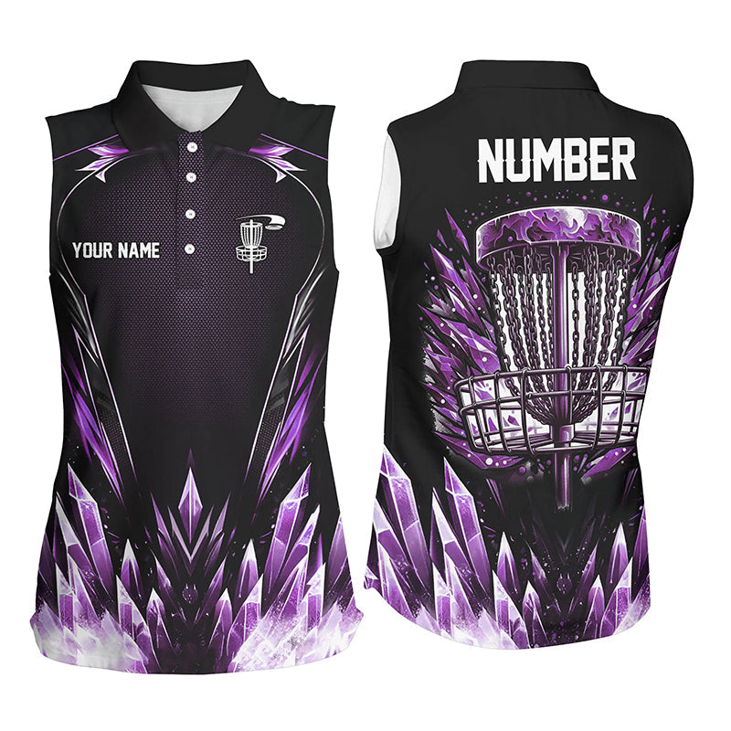 Icy purple Women Disc golf sleeveless polo shirts custom black disc golf jerseys, disc golf shirts NQS7633