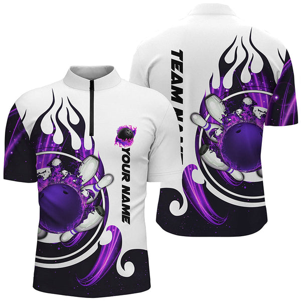 White Mens bowling shirts Custom purple flame bowling ball and pins Jerseys polo, quarter zip shirts NQS7634