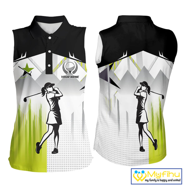 Black and White Women sleeveless polo shirt Custom ladies Golf top, personalized golf gifts | Green NQS10127